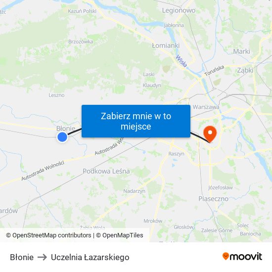 Błonie to Uczelnia Łazarskiego map