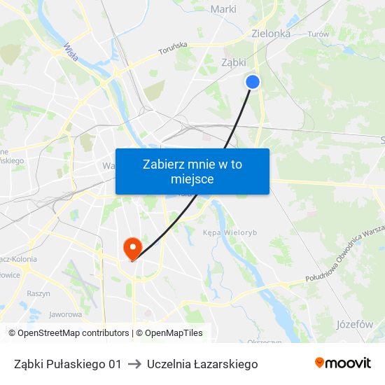 Ząbki Pułaskiego 01 to Uczelnia Łazarskiego map