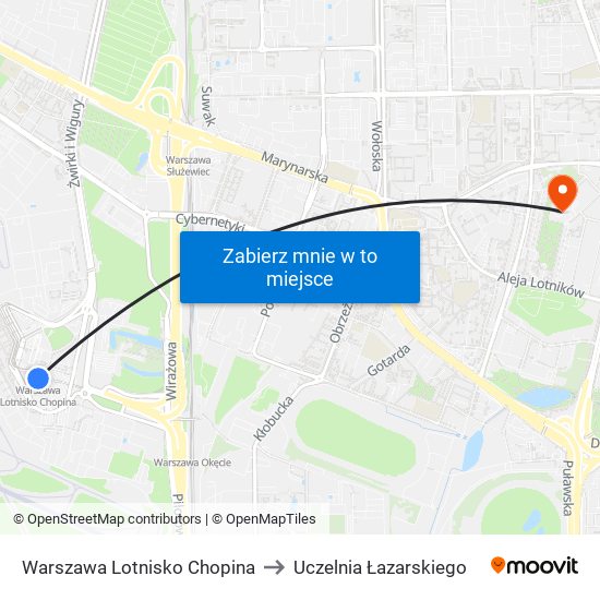 Warszawa Lotnisko Chopina to Uczelnia Łazarskiego map