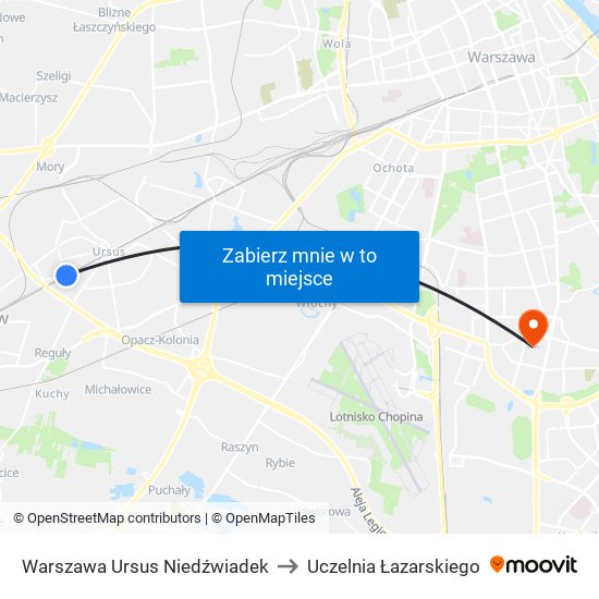 Warszawa Ursus Niedźwiadek to Uczelnia Łazarskiego map