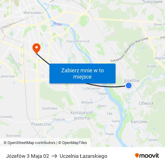 Józefów 3 Maja 02 to Uczelnia Łazarskiego map