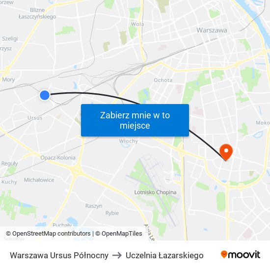 Warszawa Ursus Północny to Uczelnia Łazarskiego map