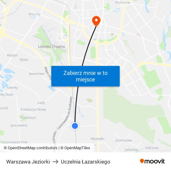 Warszawa Jeziorki to Uczelnia Łazarskiego map