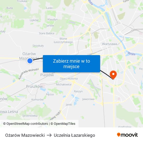 Ożarów Mazowiecki to Uczelnia Łazarskiego map