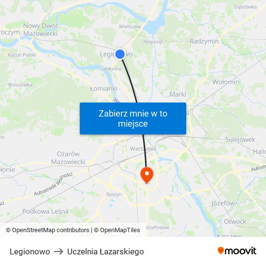 Legionowo to Uczelnia Łazarskiego map