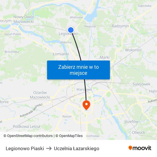 Legionowo Piaski to Uczelnia Łazarskiego map