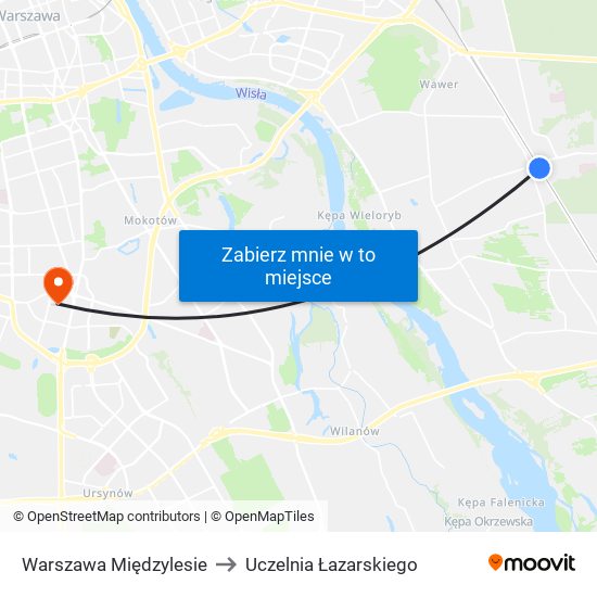 Warszawa Międzylesie to Uczelnia Łazarskiego map