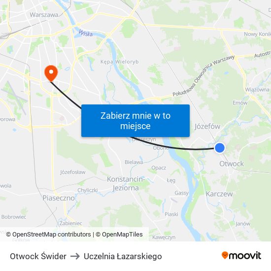 Otwock Świder to Uczelnia Łazarskiego map