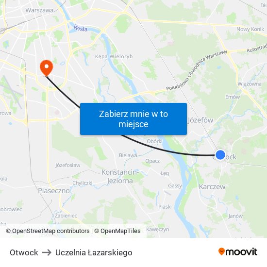 Otwock to Uczelnia Łazarskiego map