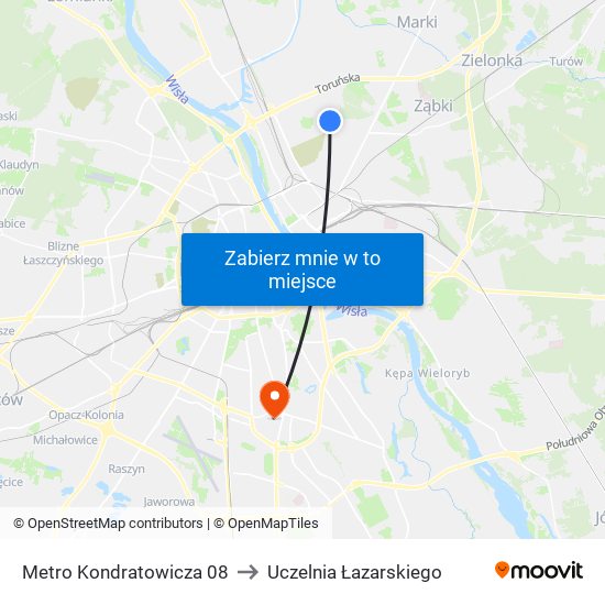 Metro Kondratowicza to Uczelnia Łazarskiego map