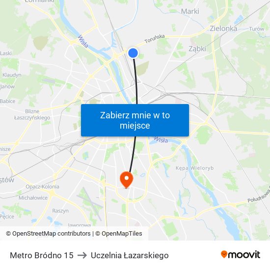 Metro Bródno 15 to Uczelnia Łazarskiego map