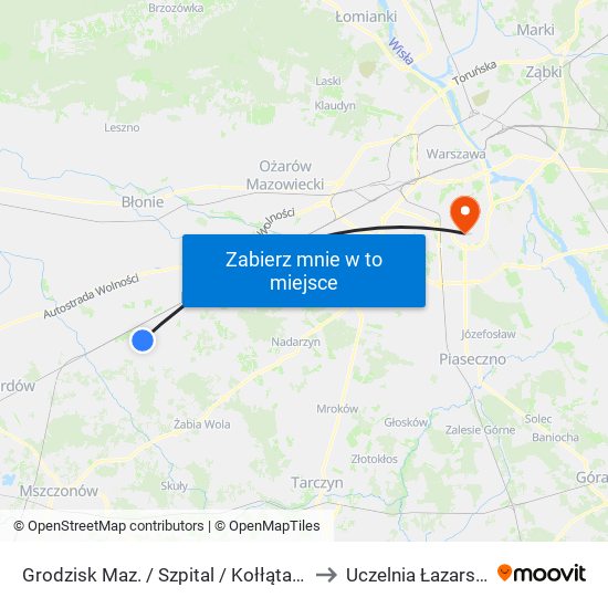 Grodzisk Maz. / Szpital / Kołłątaja 01 (Nż) to Uczelnia Łazarskiego map