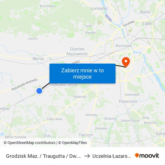 Grodzisk Maz. / Traugutta / Dw. PKP 01 to Uczelnia Łazarskiego map