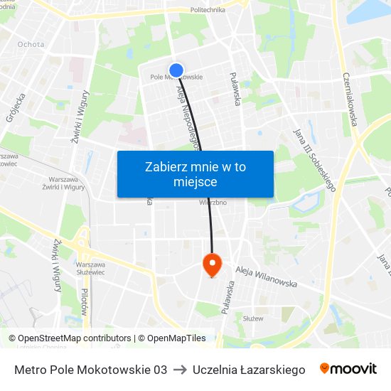 Metro Pole Mokotowskie 03 to Uczelnia Łazarskiego map