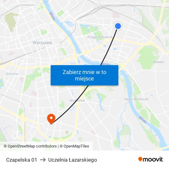 Czapelska 01 to Uczelnia Łazarskiego map