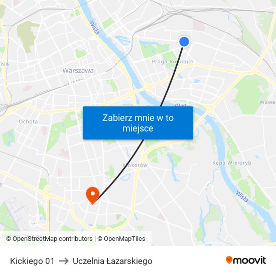 Kickiego 01 to Uczelnia Łazarskiego map
