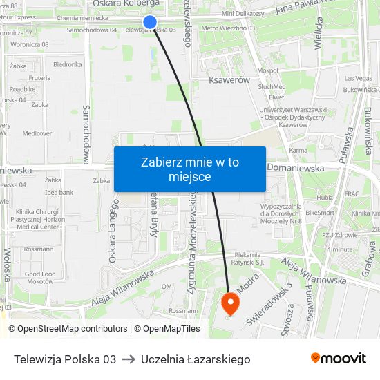 Telewizja Polska 03 to Uczelnia Łazarskiego map