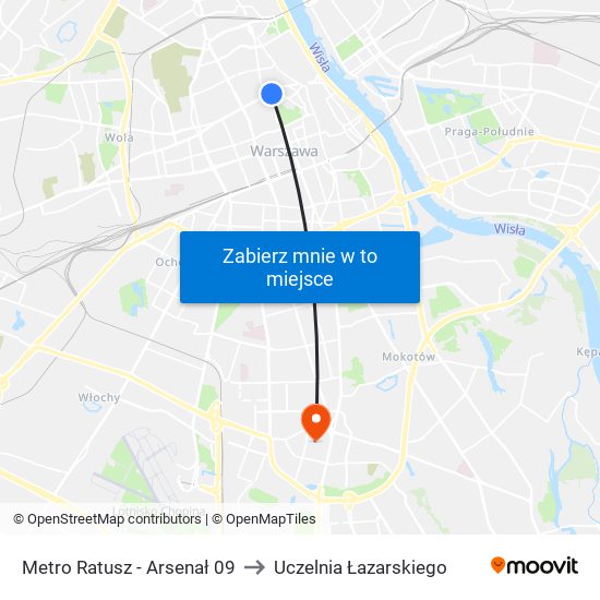 Metro Ratusz Arsenał to Uczelnia Łazarskiego map