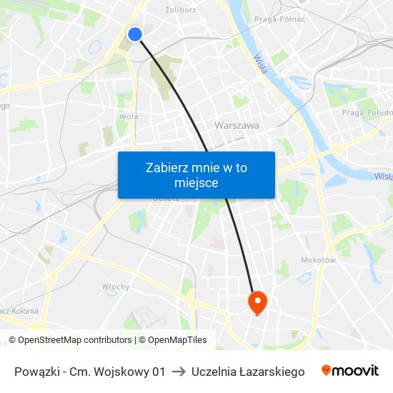 Powązki - Cm. Wojskowy 01 to Uczelnia Łazarskiego map