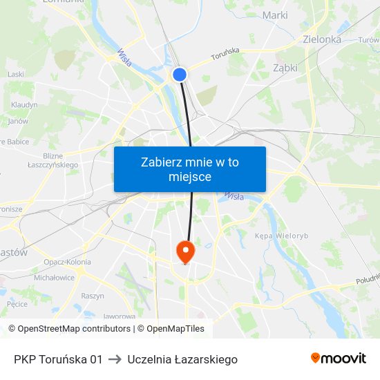 PKP Toruńska to Uczelnia Łazarskiego map