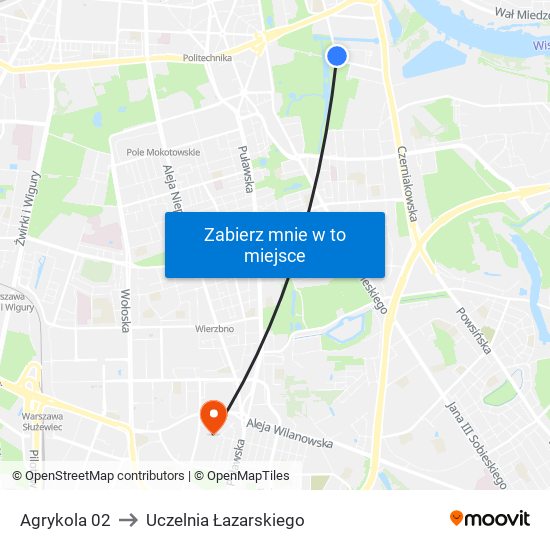 Agrykola 02 to Uczelnia Łazarskiego map