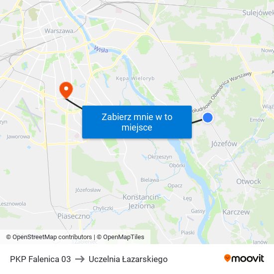 PKP Falenica 03 to Uczelnia Łazarskiego map