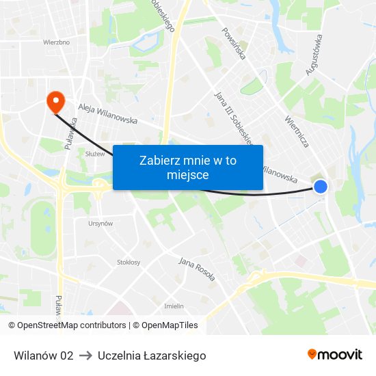 Wilanów 02 to Uczelnia Łazarskiego map