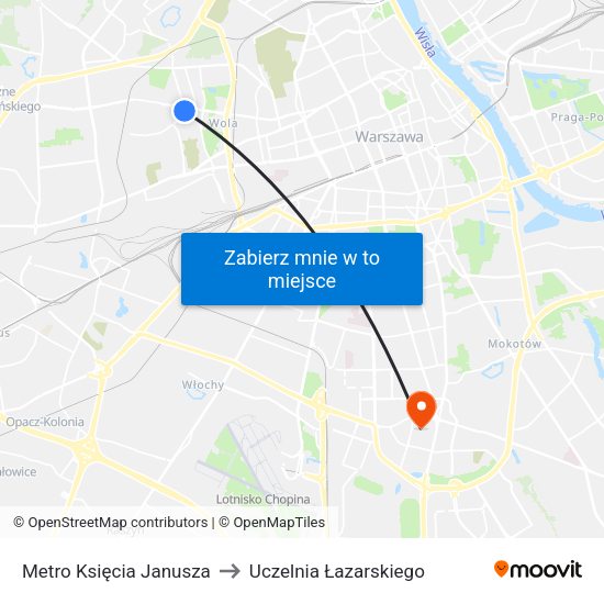 Metro Księcia Janusza to Uczelnia Łazarskiego map