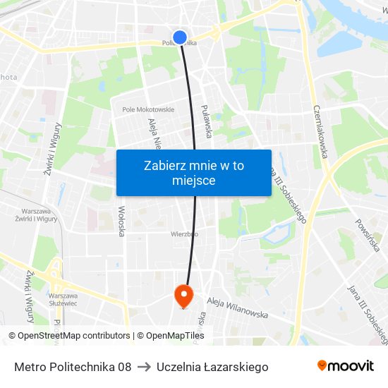 Metro Politechnika 08 to Uczelnia Łazarskiego map