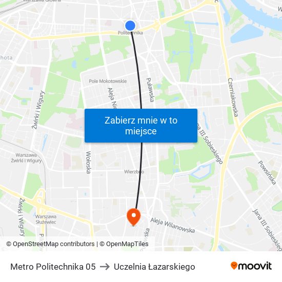 Metro Politechnika 05 to Uczelnia Łazarskiego map