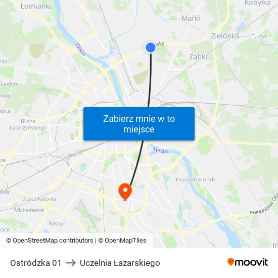 Ostródzka to Uczelnia Łazarskiego map