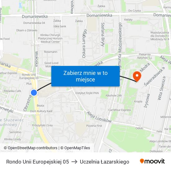 Rondo Unii Europejskiej 05 to Uczelnia Łazarskiego map