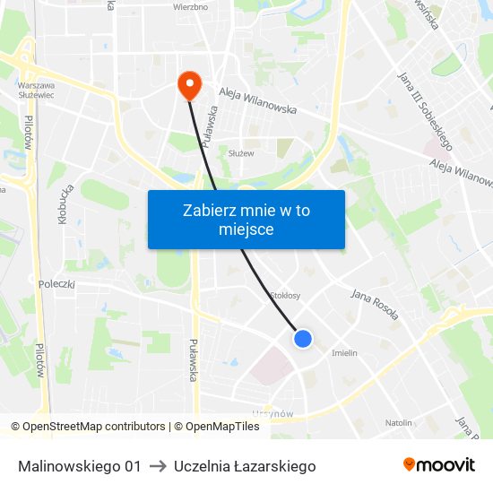 Malinowskiego to Uczelnia Łazarskiego map