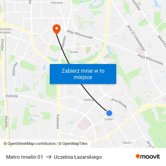 Metro Imielin to Uczelnia Łazarskiego map