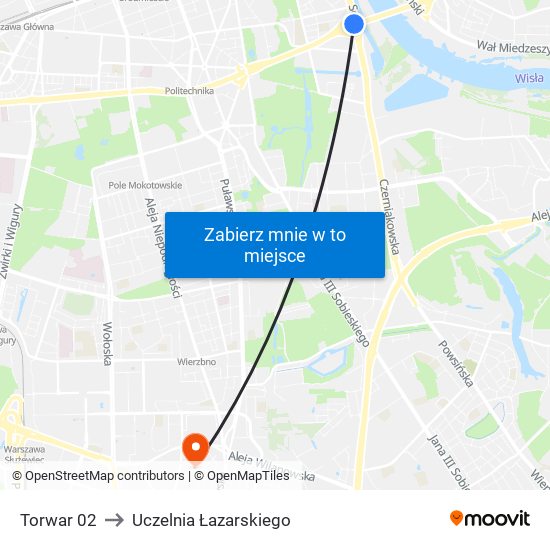 Torwar 02 to Uczelnia Łazarskiego map