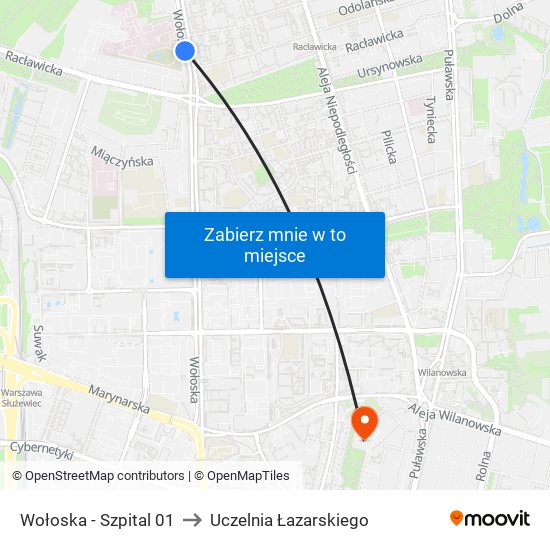 Wołoska - Szpital 01 to Uczelnia Łazarskiego map