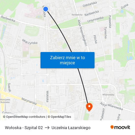 Wołoska-Szpital to Uczelnia Łazarskiego map