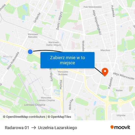 Radarowa 01 to Uczelnia Łazarskiego map