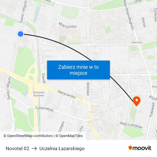 Novotel 02 to Uczelnia Łazarskiego map