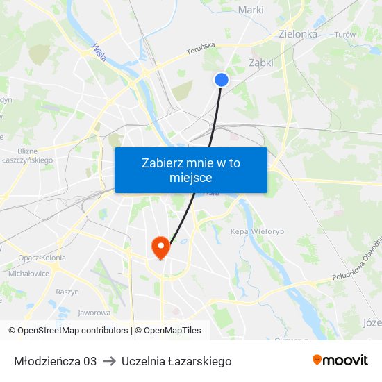 Młodzieńcza 03 to Uczelnia Łazarskiego map