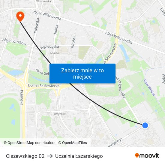 Ciszewskiego to Uczelnia Łazarskiego map