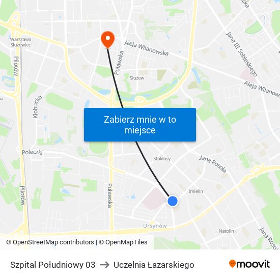 Szpital Południowy to Uczelnia Łazarskiego map