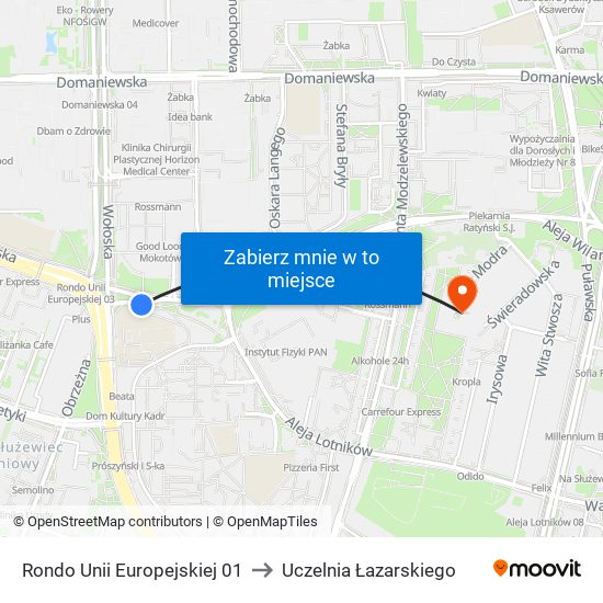 Rondo Unii Europejskiej to Uczelnia Łazarskiego map