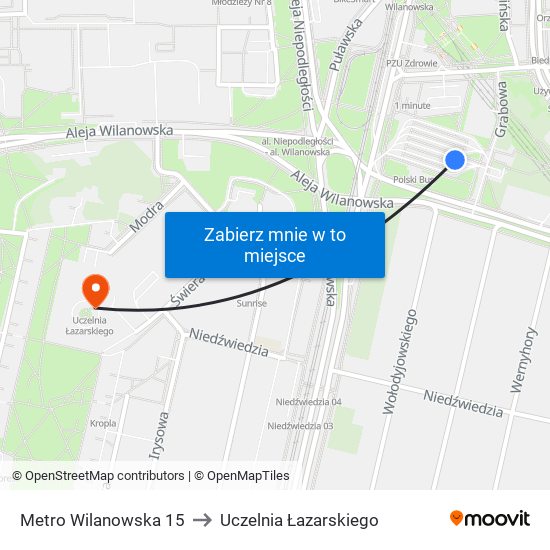 Metro Wilanowska to Uczelnia Łazarskiego map