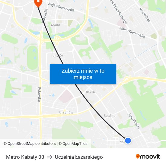 Metro Kabaty to Uczelnia Łazarskiego map