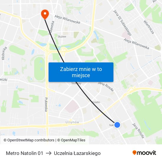 Metro Natolin to Uczelnia Łazarskiego map