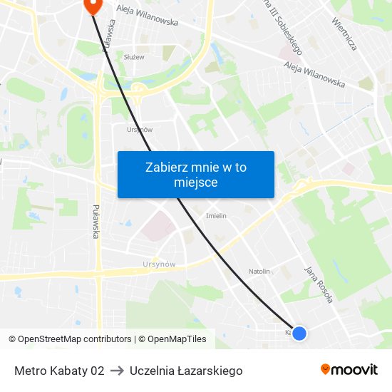 Metro Kabaty 02 to Uczelnia Łazarskiego map