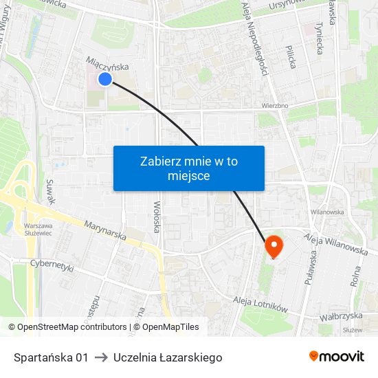 Spartańska 01 to Uczelnia Łazarskiego map