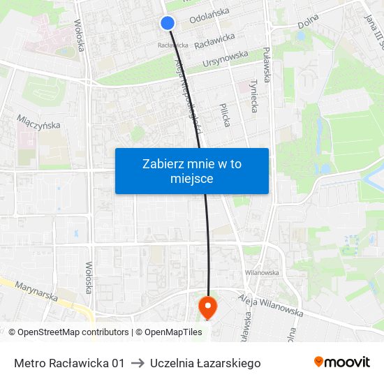 Metro Racławicka 01 to Uczelnia Łazarskiego map