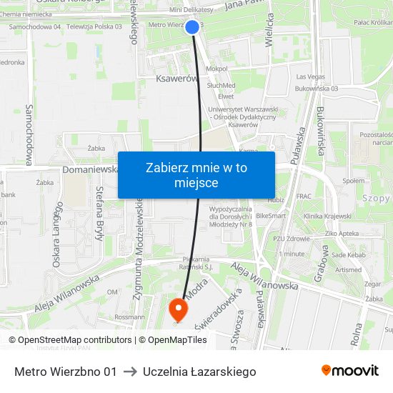 Metro Wierzbno 01 to Uczelnia Łazarskiego map